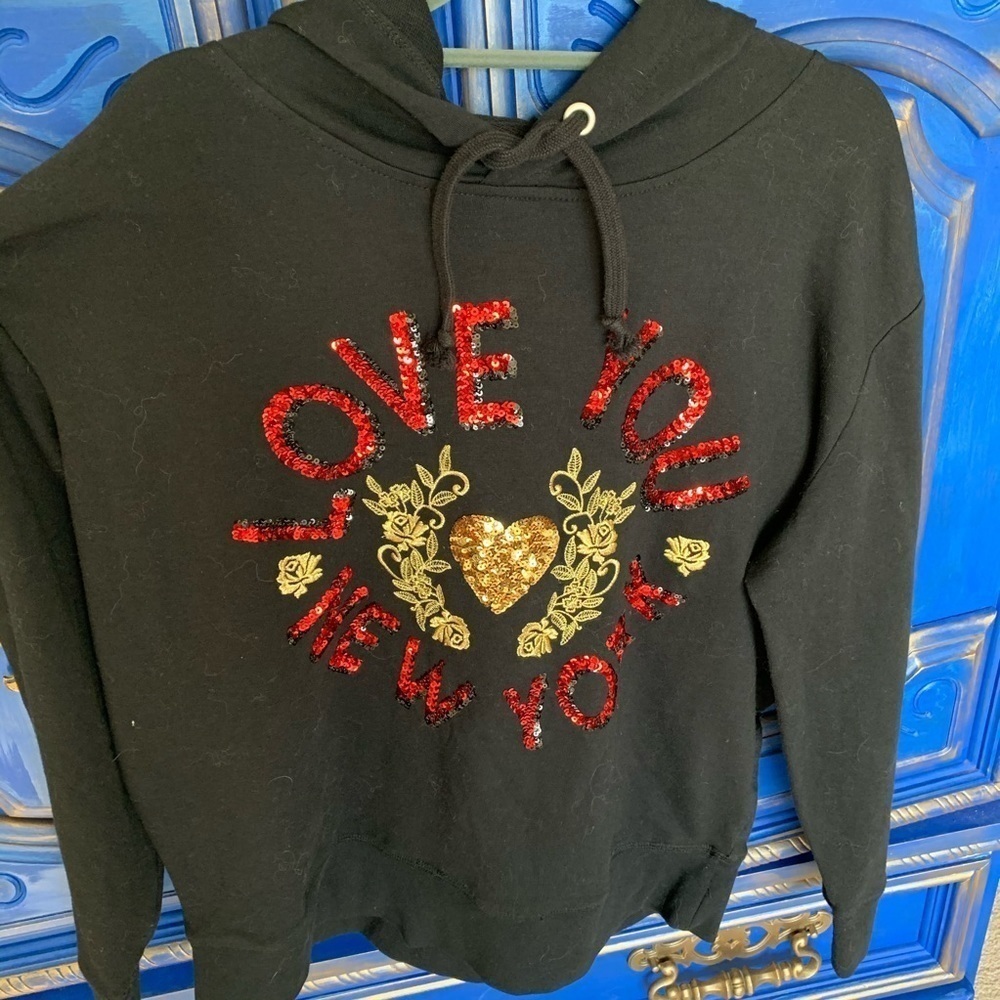 New York And Company Sequin Hoodie Black Love NY Sz Medium